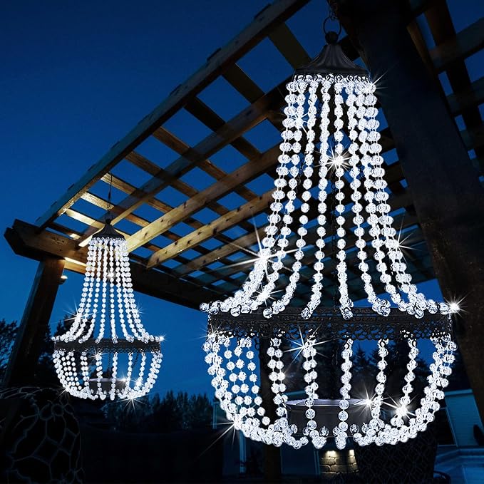 Hanging Solar Lantern Outdoor, 28” Modern Clear Crystal Acrylic Chandelier with 30 Cool White Lights S Hook for Garden, Yard, Patio, Gazebo Decorations