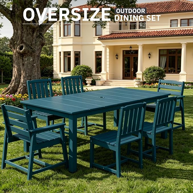 AreShark 7-Piece Outdoor Dining Set,HDPE Patio Table with 6 Chairs,All-Weather Patio Furniture Set with Umbrella Hole,Low Maintenance Wood Grain Dining Set for Backyard,Garden,Poolside,Navy Blue