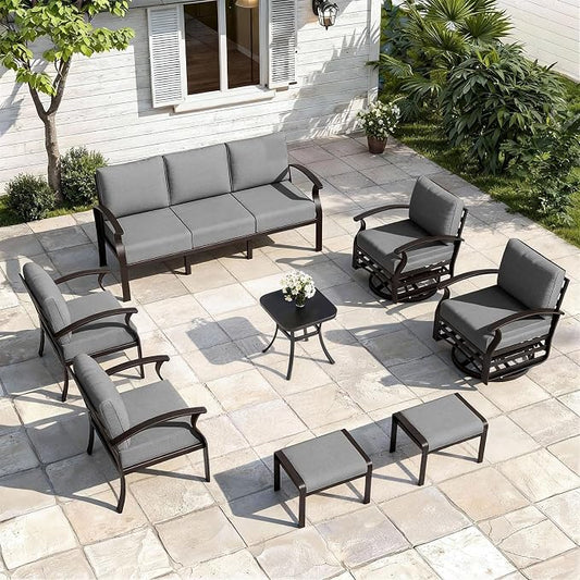 ALAULM Aluminum Patio Furniture Set with 2 Swivel Chairs 9-seat Metal Outdoor Furniture Patio Sectional Sofas Patio Conversation Set w/2 Ottomans for Patio, Backyard, Poolside-Grey
