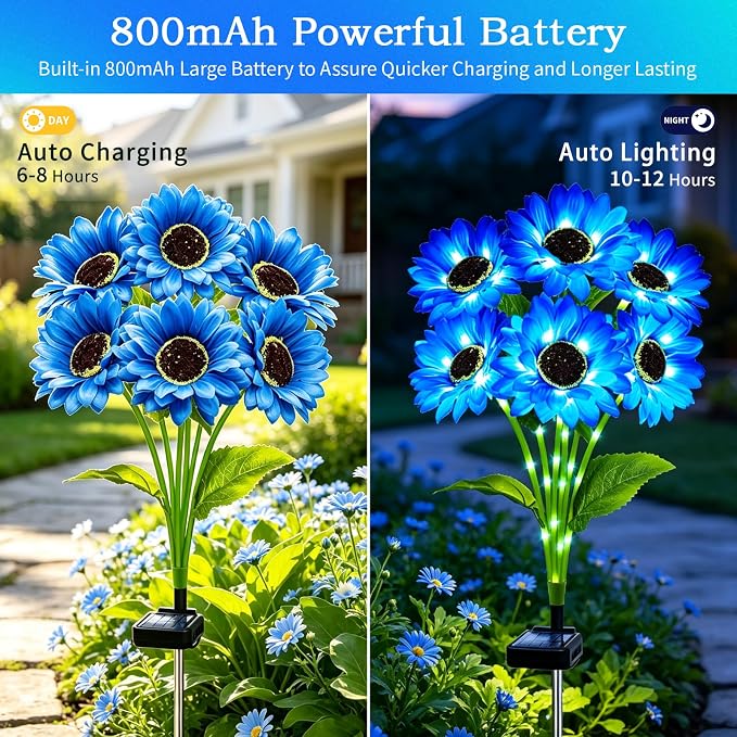 MRHEPHAESTUS Solar Garden Lights Outdoor, 6 Pack Solar Blue Sunflower Lights with 18 Head 3.5 Inch Flowers, Waterproof Flowers Light Fall Decor Auto ON/Off for Garden Yard Patio, Gifts for Mom Women