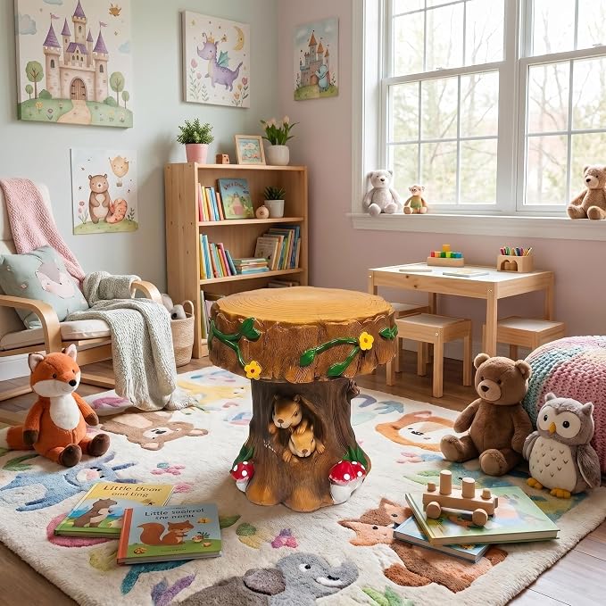 Resin Squirrel Tree Stump Stool – 12.6" Whimsical Garden Seat & Side Table | Outdoor & Indoor Decorative Chair for Patio, Backyard, Fairy Garden, Kids Room | Weather-Resistant Forest Figurine Decor