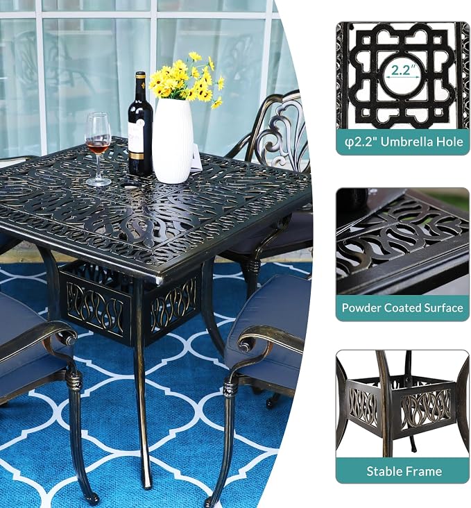 MEETWARM 5-Piece Outdoor Patio Dining Set, All-Weather Cast Aluminum Patio Conversation Set for Backyard Garden Deck with 4 Chairs, 4 Cushions and 35.4" Square Table, 2.2" Umbrella Hole, Navy Blue