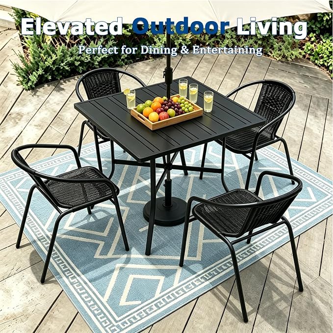 5 Piece Patio Dining Set with Black Outdoor Metal Table & 4 Hand-Woven PE Rattan Stackable Chairs for Backyard Garden Poolside, Black Chairs