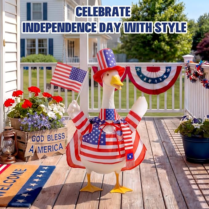 Mastom 4th of July Porch Goose Outfit for 23 Inch Goose Statue, Patriotic Red White Blue Goose Clothes with Flag for Outdoor Garden Patio Decor, USA 250th Anniversary Merchandise