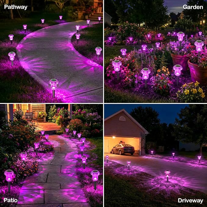Solar Pathway Lights Outdoor 8 Pack Pink Garden Mushroom Decor | Waterproof Garden Outside Yard Walkway Landscape Path Lighting, LED Auto On/Off Decorations, Acrylic Diamond-like Lampshade