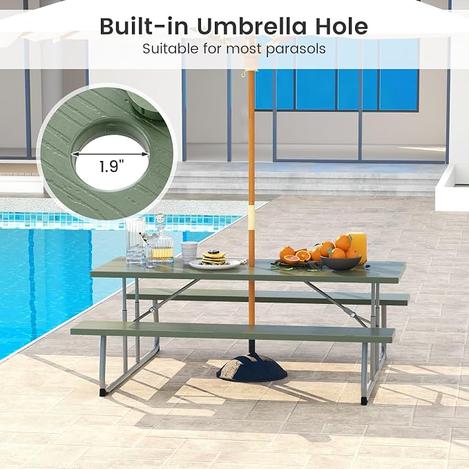 Giantex Folding Picnic Table - 6 FT Outdoor Table Bench Set for 8 Persons w/All-Weather HDPE Tabletop, Metal Leg, Umbrella Hole, Large Outside Dining Table for Patio Garden Yard Poolside (Green)