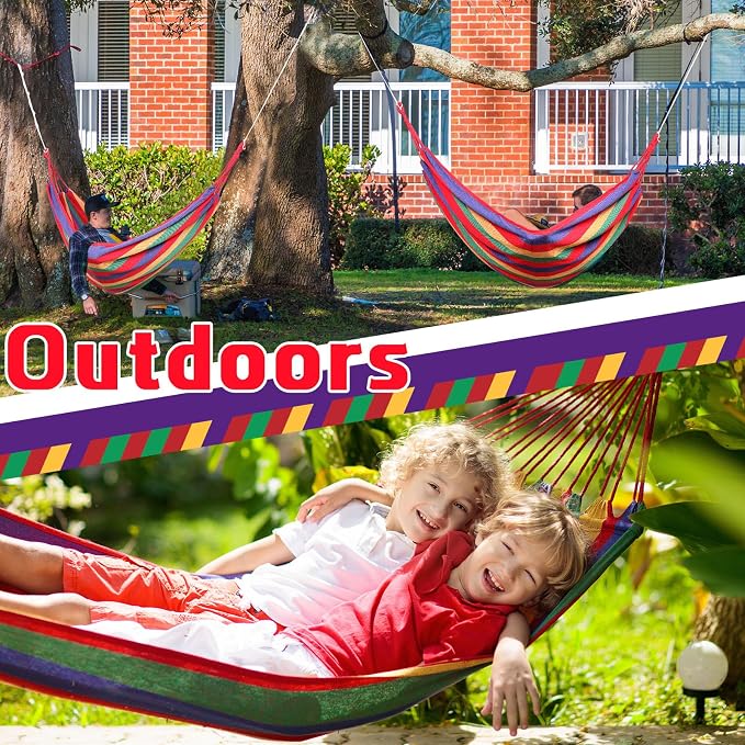 Windyun 2 Sets Cotton Canvas Hammock Large Double Hammock 400lbs Portable Camping Hammocks for Outside with Carrying Bag Sturdy Metal Knot Ropes and Tree Straps for Travel Patio Garden Backyard (Red)