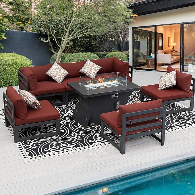 RADIATA 6 Person Oversized Modular Aluminum Outdoor Furniture Set with Fire Pit Table, 29 inch Deep Wide Sectional Seating, 500 lbs High Weight Capacity Patio Conversation Set for Garden, Burgundy