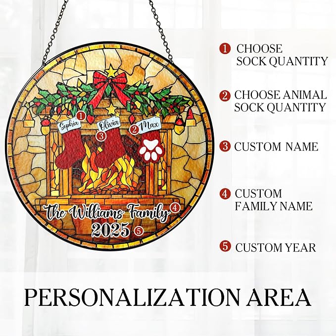 Personalized Stained Glass Christmas Suncatcher – Custom Family Name Fireplace Design – First from Mom and Dad – Holiday Ornament Keepsake for Family