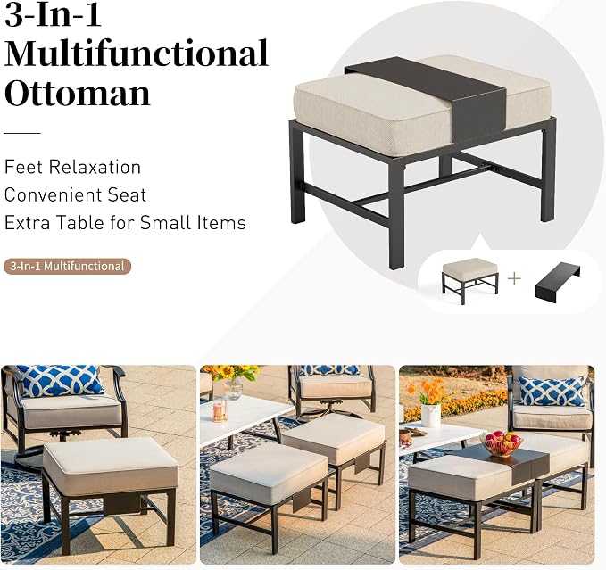 SUNSHINE VALLEY Patio Furniture Set with Firepit Table, Metal Outdoor Patio Furniture, 2 Single Chairs, 3 Seater Sofa, 2 Ottomans with 5.75" Extra Thick Cushion and Gas Firepit Table for Backyard Deck