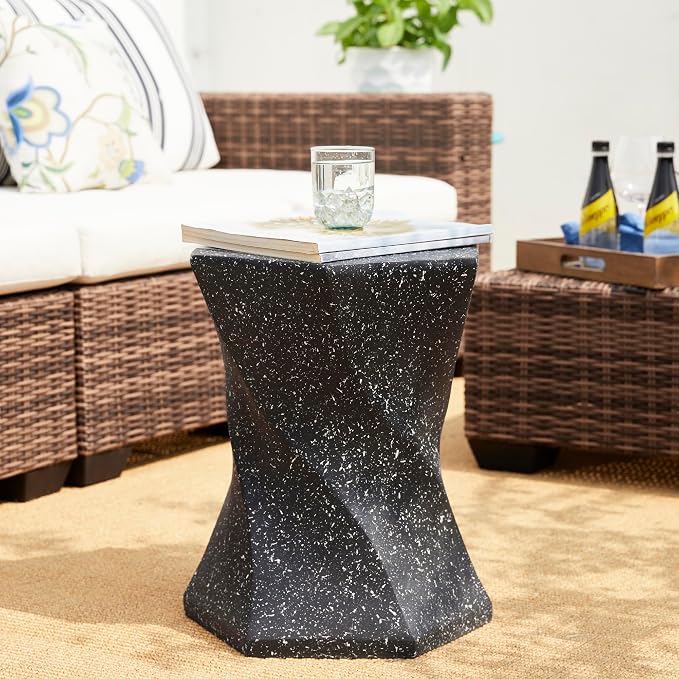 Glitzhome Outdoor Side Table Set of 2, 17.75" H Decorative Garden Stool MGO Twist Faux Terrazzo End Table, Round Planter Stand for Indoor Outdoor Living Room Bedroom Patio Deck Poolside, Black