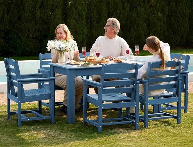 SERWALL 59" HDPE Outdoor Dining Set for 6, w/ 1 Table & 6 Armchairs, Blue | All Weather Resistant HDPE Dining Sets for Patio, Garden, Backyard