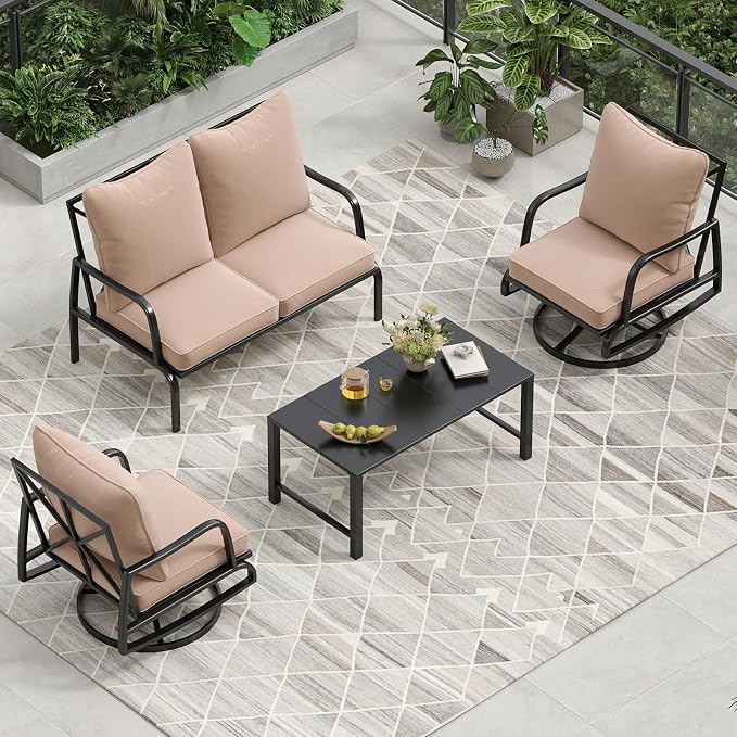 Soohow Patio Furniture Set, 4 Piece Outdoor Patio Furniture Set, 2 x Outdoor Swivel Chair, 1 x 2-Seats Sofa and 1 x Coffee Table, Metal Conversation Set for Porch, Balcony, and Backyard