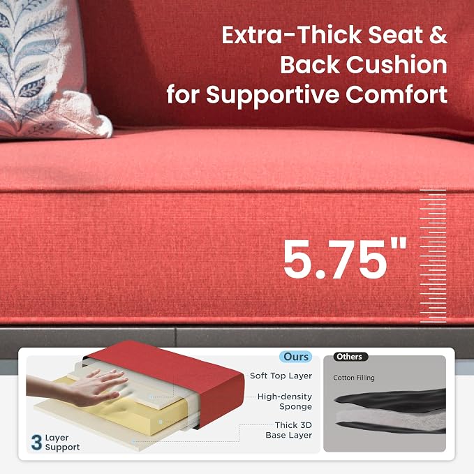 PHI VILLA Patio Furniture Set, a Loveseat, 3-Seater Sofa, 2 Swivel Chairs and a Coffee Table, Outdoor Metalio Conversation Set with 5.75" Extra Thick Cushion for Garden Backyard Deck, Red