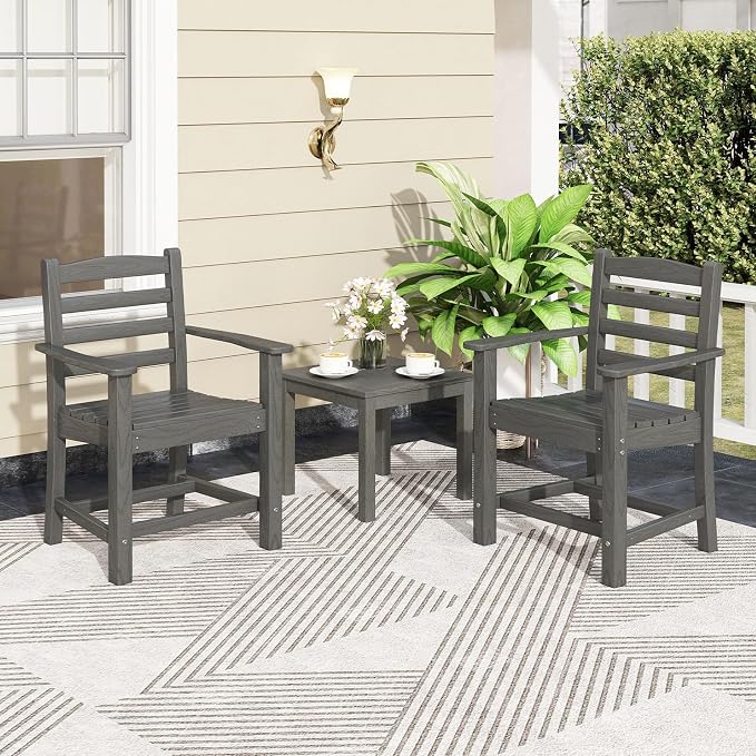 Tangkula Patio Dining Chairs Set of 4, HDPE All Weather Outdoor Chair w/Wide Armrests, Curved Seat, Wood Grain, Plastic Porch Chair for Backyard, Garden, Front Porch, Poolside (Gray, 4 Chairs)