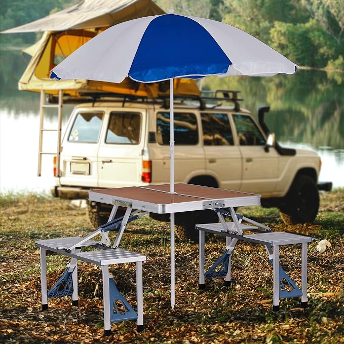 Picnic Table Folding Portable 4-Person Fold Up Travel Camping Table for Indoor, Outdoor Travel, Patio, Lawn, Garden (Bamboo Table)