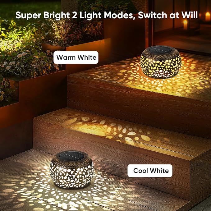Outdoor Solar Lanterns Patio Decor: 4 Pack Bronze Waterproof Solar Lights | Hollow Out Retro Metal Garden Lantern, Warm White & Cool White, Tabletop Balcony Yard, Birthday Gifts for Mom & Garden Lovers