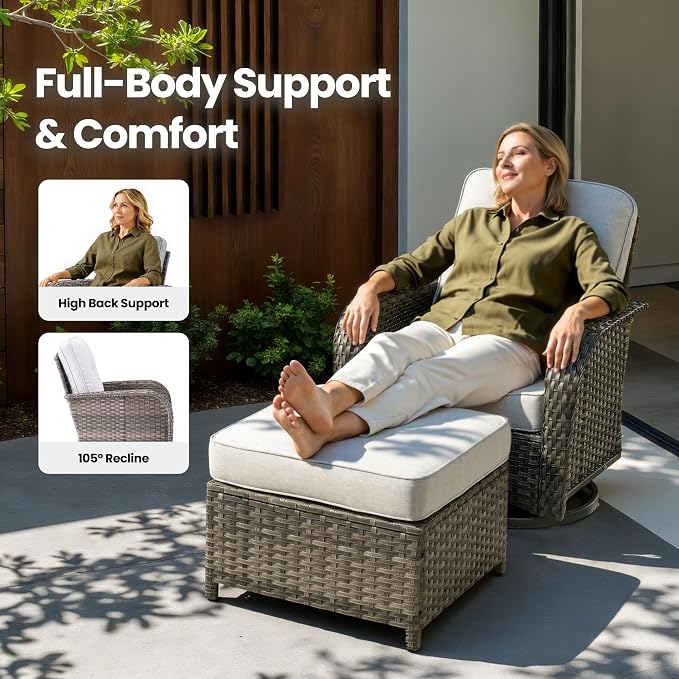 5 Piece Wicker Patio Furniture with Swivel Rocker Chair, Gray | High Back Swivel Rocker Chairs, All Weather Rattan Outdoor Sofa, Solar Lights Table, Modern Conversation Sets, Deck Backyard
