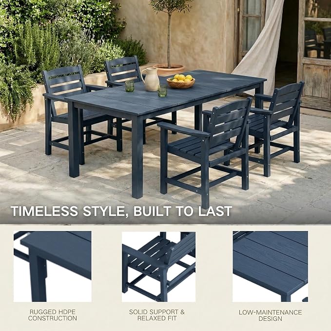 Kingdura 7 Piece Patio Dining Set for 6, 75.2'' HDPE Outdoor Dining Table Set with 2" Umbrella Hole, Weather-Resistant Outdoor Furniture, Table and Chairs Set for Backyard Pool Garden, Navy Blue