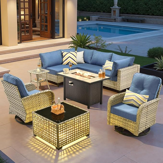 Outdoor Sectional Patio Furniture Set with Fire Pit Table,9 Pieces Rattan Wicker Conversation Sets L Shaped Couch,Outside Furniture with Swivel Chairs Glowing Coffee Table,Denim Blue