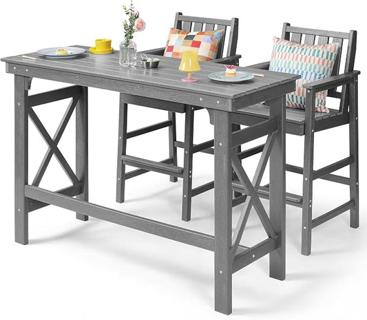 3-Piece Outdoor Bar Table and Chairs Set, HDPE Counter Height Patio Dining Sets, Adirondack Bar Height Chairs Set of 2 and Bar Table for Bistro, Poolside, Backyard, Grey