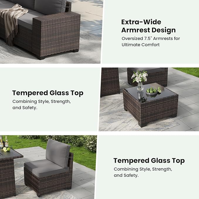 Soohow 6-Piece Patio Furniture Set All-Weather Outdoor Wicker Sectional Conversation Set with Cushion and Glass Table for Garden, Porch, Backyard, Grey Cushions
