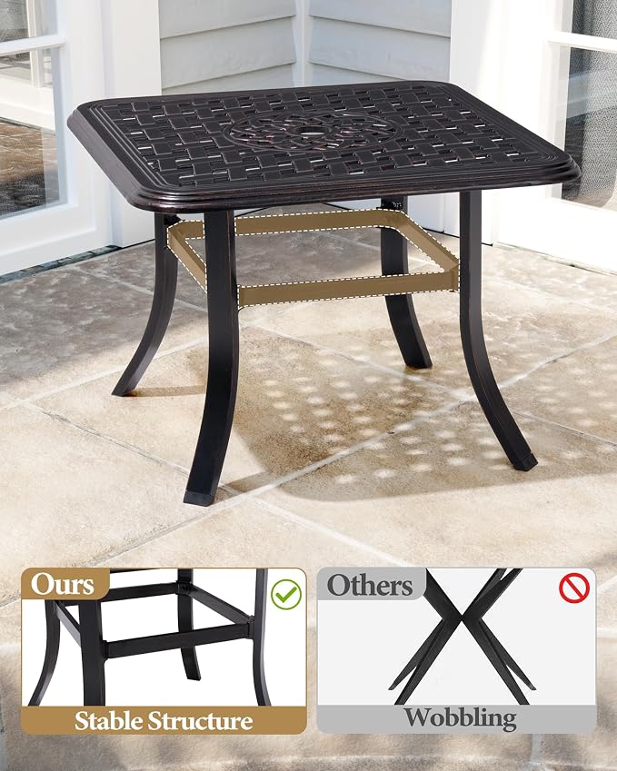 Crestlive Products Cast Aluminum Patio Side Table Outdoor Square Anti-Rust Small Table with Umbrella Hole, Coffee Bistro Table，Market Umbrella Table, 24’’x 24’’, Black with Bronze Spot