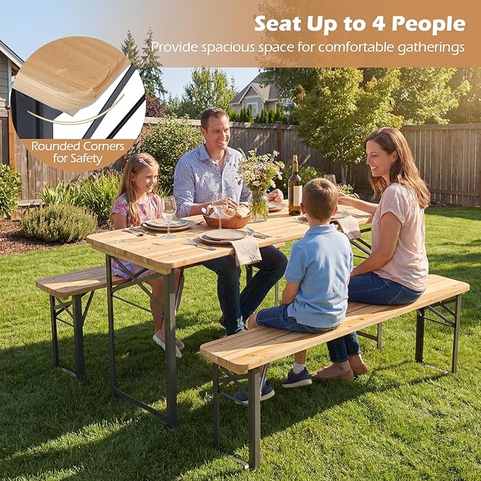 Byroce Folding Picnic Table Set with Benches, 47” Fir Wood Beer Table Set, Outdoor Dining Table with Heavy-Duty Metal Frame, Foldable Picnic Table for Patio, Garden, Backyard, BBQ & Parties (47")