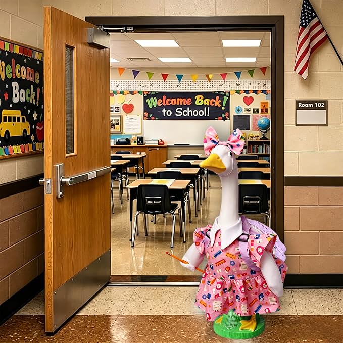 Back to School Porch Goose Outfit for 23" Plastic Statue, Lawn Porch Goose Clothes with Schoolbag and Pencil for School Classroom Outdoor Garden Yard Patio Statue Art Decor