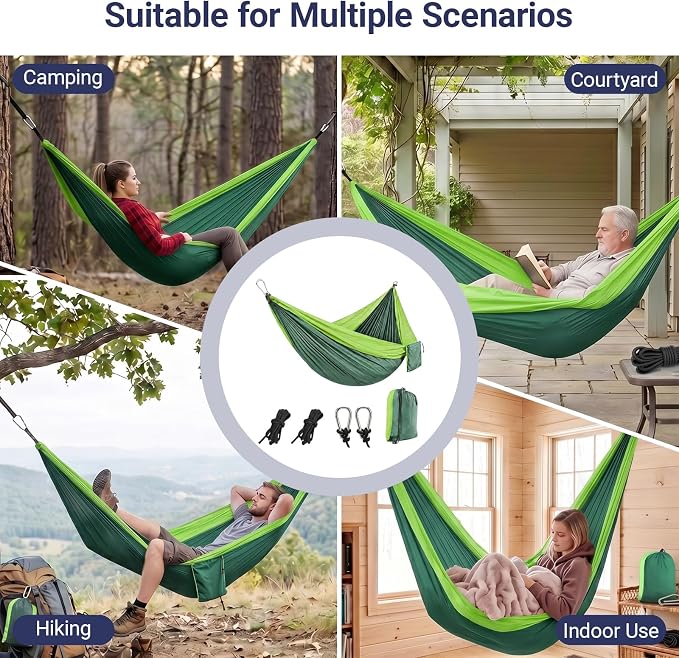 Camping Hammocks, Portable Lightweight Parachute with Tree Straps, Single or Double Hammock Without Stand, Nylon Camping Gear for Outdoor Beach Backpacking Hiking, Camping Essentials(Green)