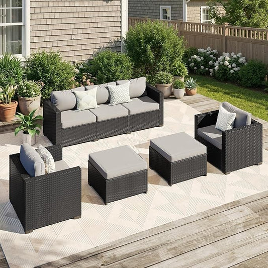 LazySunsets 5-Piece Outdoor Patio Furniture Set, Rattan Outdoor Sectional with Thick Waterproof Cushions, Wicker Ottomans & Waterproof Cover, Patio Conversation Set for Garden, Backyard, Grey