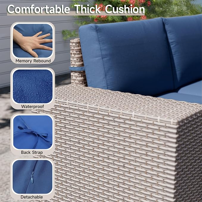 13-Piece Outdoor Patio Furniture Set with Fire Pit, Modular Sectional Sofa Set with Glass Coffee Table and Cushions, Wicker Outdoor Couch Conversation Sets, Blue