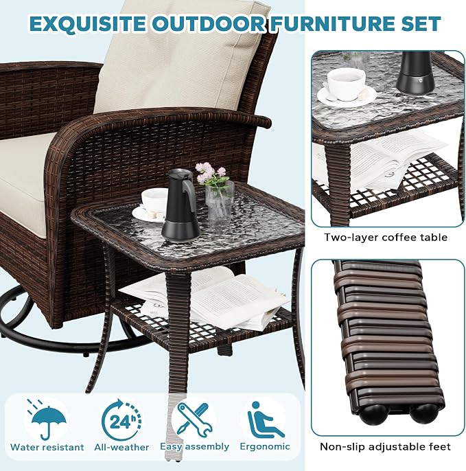 3 Pieces Conversation Furniture Set of Patio Swivel Rocking Chairs and End Table, Wicker Rattan Outdoor Set with Washable Cushions for Backyard, Poolside, Sunroom (Beige)