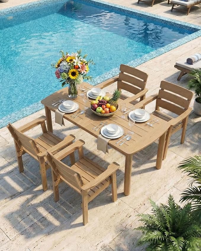 Outdoor Rectangle Dining Table with Rounded Edge, 67" All-Weather HIPS Patio Table for 6, Outdoor Furniture with Umbrella Hole, Ideal for Garden, Poolside, Backyard, Deck, Teak