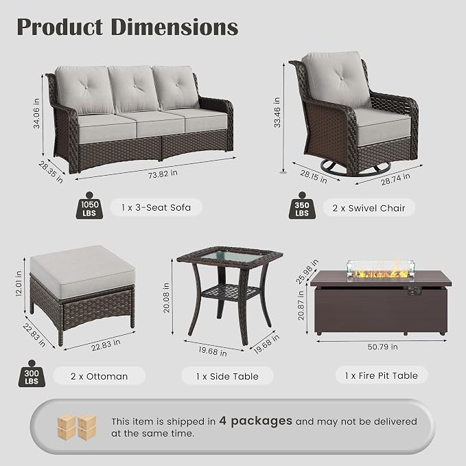 Sundale Outdoor Wicker Patio Furniture Set with Fire Pit, 7 Piece Outdoor Furniture Set with Swivel Chairs, Couch & Ottoman, High Back Patio Conversation Sets with 6" Cushions for Yard, Deck (Grey)