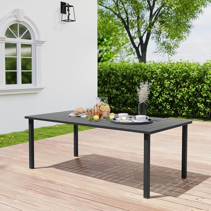 HAPPATIO Outdoor Dining Table for 8, Large Rectangular Aluminum Patio Table with 1.9" Umbrella Hole, Black, Modern Style