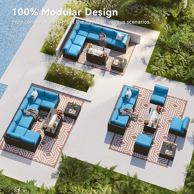 LazySunsets 8 Piece Outdoor Patio Furniture Set with 44'' Fire Pit Table, Outdoor Patio Furniture Set with Thicken Cushion, Wicker Rattan Outdoor Conversation Set for Backyard & Garden, Peacock Blue