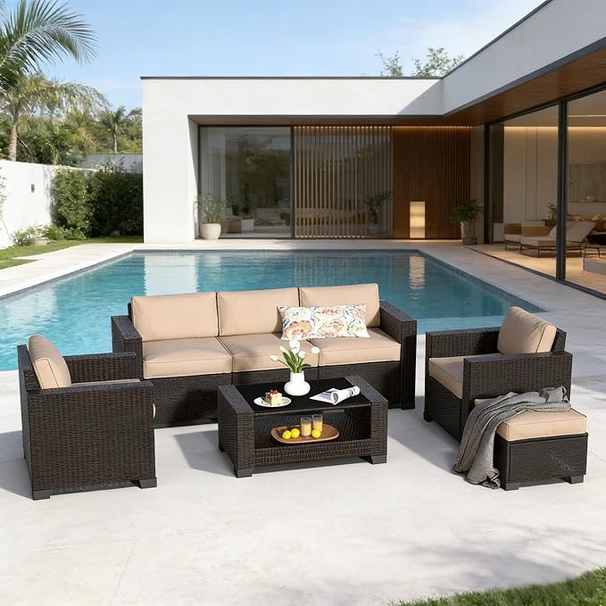 SHGJ&SOFT 7 Piece Outdoor Patio Furniture Set, Wicker Outdoor Sectional Sofa with Washable Cushion Covers and Tempered Glass Table, Rattan Conversation Set for Poolside,Balcony, Porch,Garden