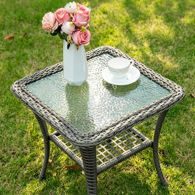 MEETWARM Wicker Outdoor Side Table, All-Weather Patio Rattan Side Table with Tempered Glass Top and Storage Shelf, Small Patio End Table for Outside Indoor Outdoor Balcony Porch Deck, Gray