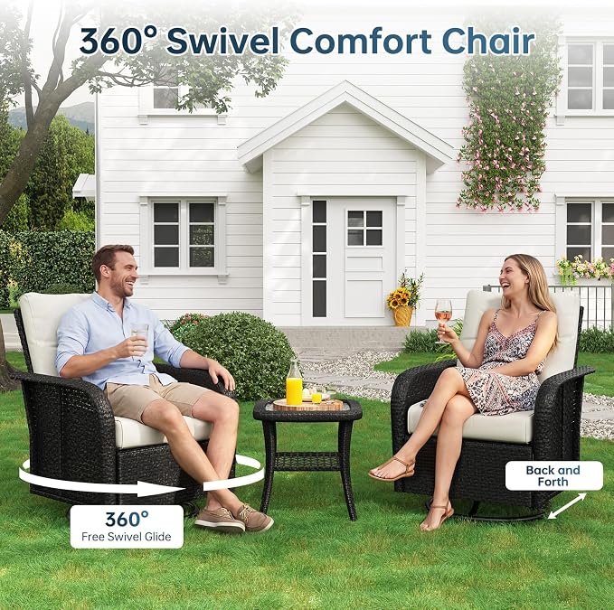 LazySunsets Luxury 12-Piece Patio Furniture Set with 44'' Fire Pit Table, 360° Swivel Chairs, Wicker Rattan Sofa & Thick Cushions, Outdoor Conversation Set for Backyard, Poolside & Garden, Black/Beige