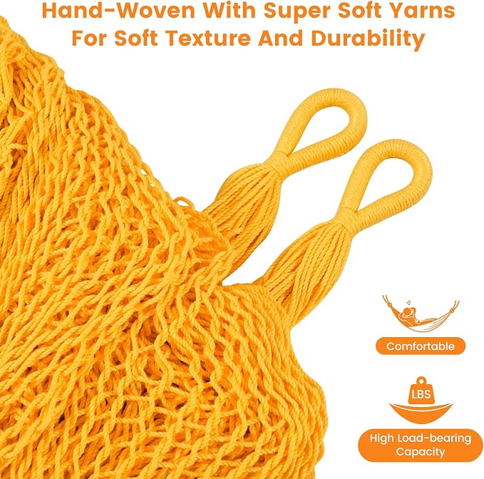 Lazy Daze Hammocks Handwoven XL Mayan Hammock, 10.5 FT Soft Rope Double Hammocks, Portable Outdoor Hammock with Carry Bag, 2 Straps & Carabiners for Patio Outside, 550 lbs Weight Capacity, Yellow