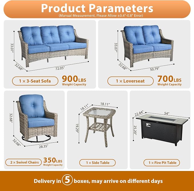 6 PCS Outdoor Patio Furniture Sets,Patio Conversation Sets Outside Rattan Soft Cushion Sofa with 2 Wicker Rocking Chairs & 54 in Fire Pit Table Fit Backyard Porch Garden Poolside Balcony,Diamond Blue