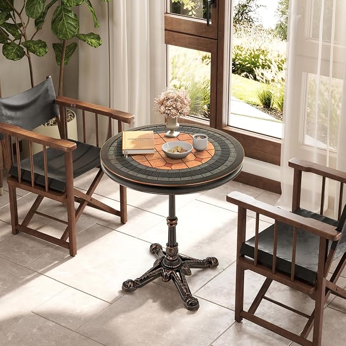 Tangkula 24" Round Patio Dining Table, Weather-Resistant Cast Aluminum Outdoor Table with Carved Texture & Painted Top, for Balcony, Garden, Backyard, Poolside