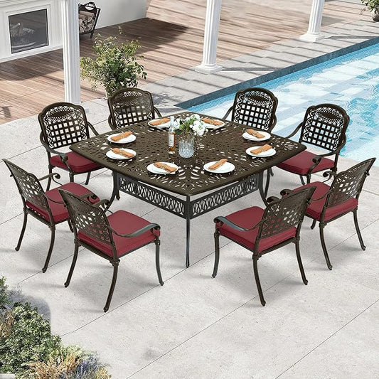 9 Piece Outdoor Patio Dining Set for 8, Cast Aluminium Large Square Dining Table & 8 Cushioned Stackable Chairs, Umbrella Hole, Patio Furniture Set for Garden Porch Poolside, Chili Red