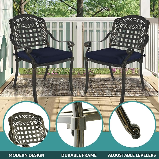 MEETWARM 9-Piece Outdoor Furniture Dining Set for 8, All Weather Cast Aluminum Patio Dining Set- Large 64" Square Table with Umbrella Hole and 8 Cushioned Chairs, Patio Table and Chairs Set, Navy Blue