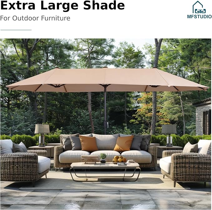 MFSTUDIO Outdoor Patio Dining Set for 6, Patio Dining Set with Umbrella, Outdoor Table and Chairs for 6, Patio Rectangular Metal Dining Table with Swivel Chairs, 8 Pieces Outdoor Furniture Set