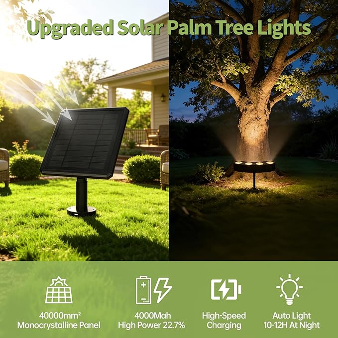 Sublume Solar Tree Lights, Upgraded Solar Spot Lights Outdoor, Warm White | 8.3*7.2in Large Solar Panel with USB Port, 16 COB LED, 33FT Cable, IP65 Waterproof, 4000Mah Uplights for PalmTree, Flag Pole