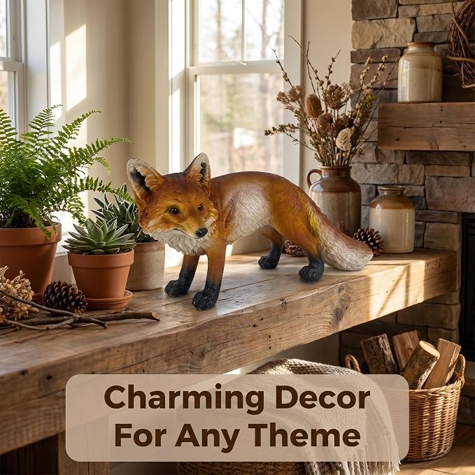 Red Fox Statue Garden Decor 19.7 Inch | Weather Resistant Resin, Lifelike Wildlife Animal Sculpture, Outdoor Yard Lawn Patio Porch, Home Decoration