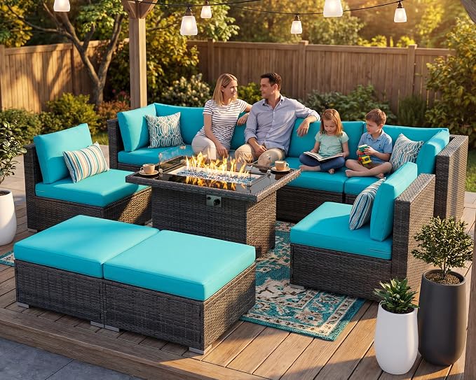 RADIATA 9 Piece Wicker Patio Furniture Set with Fire Pit, All-Weather Outdoor Sectional Couch High Back Large Size, Modular Backyard Seating Sofa Set with Propane/Natural Gas Firepit Table, Grey&Teal