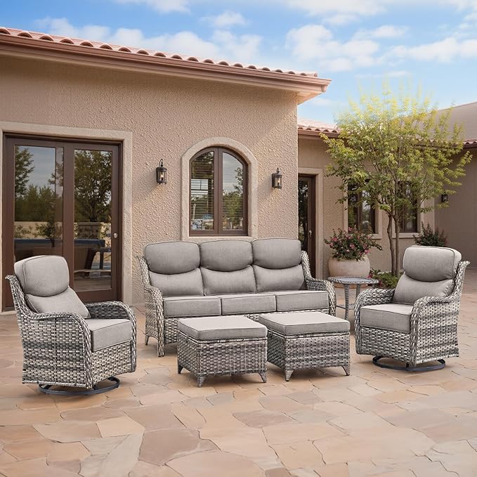Swivel Patio Chairs Sofa Set of 6-6" Thick Cushion - Wicker Outdoor Swivel Rocker Patio Chair,Sofa/Side Table, High Back Comfortable Outdoor Glider Chairs - Grey Wicker | Grey Cushions